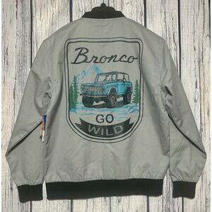 Ford Bronco Jacket Road Trip Mens Small Snap Close Bomber Gray Graphic Print NWT